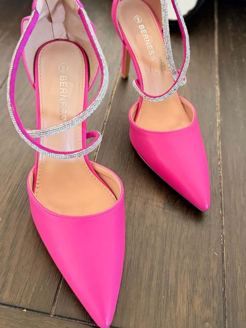 Berness Hot Pink Pointed Stiletto Heels with Rhinestone Straps